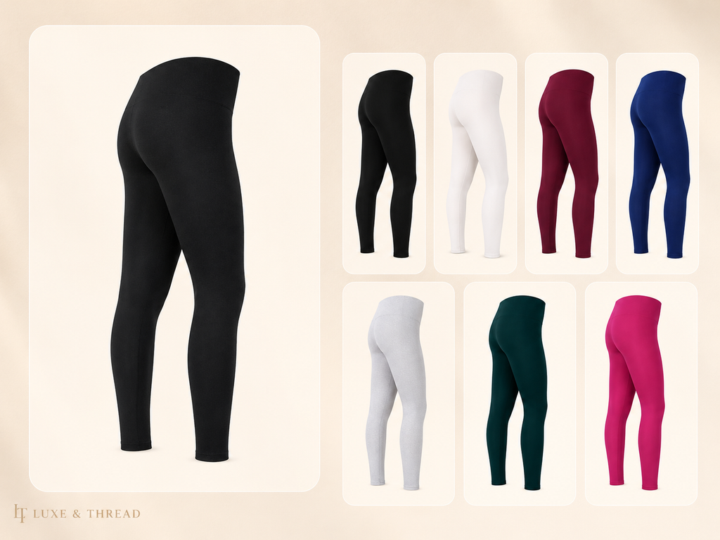 Collection of leggings in various colors on a beige background