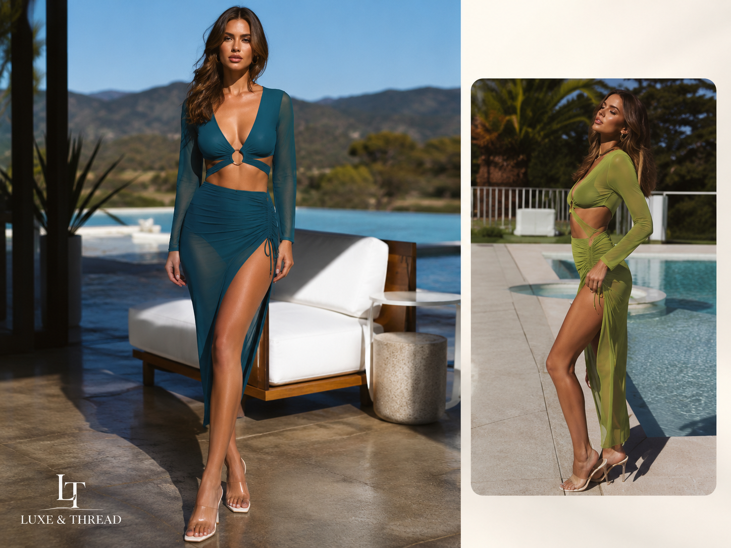 Two women in teal and green outfits standing by a pool with scenic views.