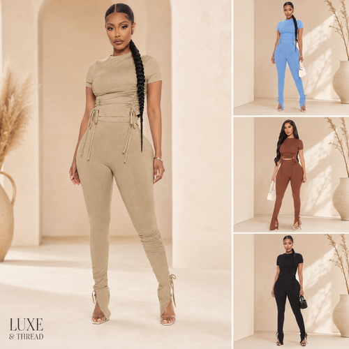 Collage of women wearing jumpsuits in different colors with 'LUXE & THREAD' branding.
