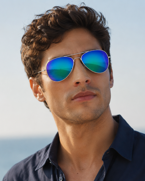 Man wearing sunglasses with a blue reflective lens against a clear sky.