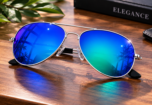 Aviator sunglasses with blue and green reflective lenses on a wooden surface.