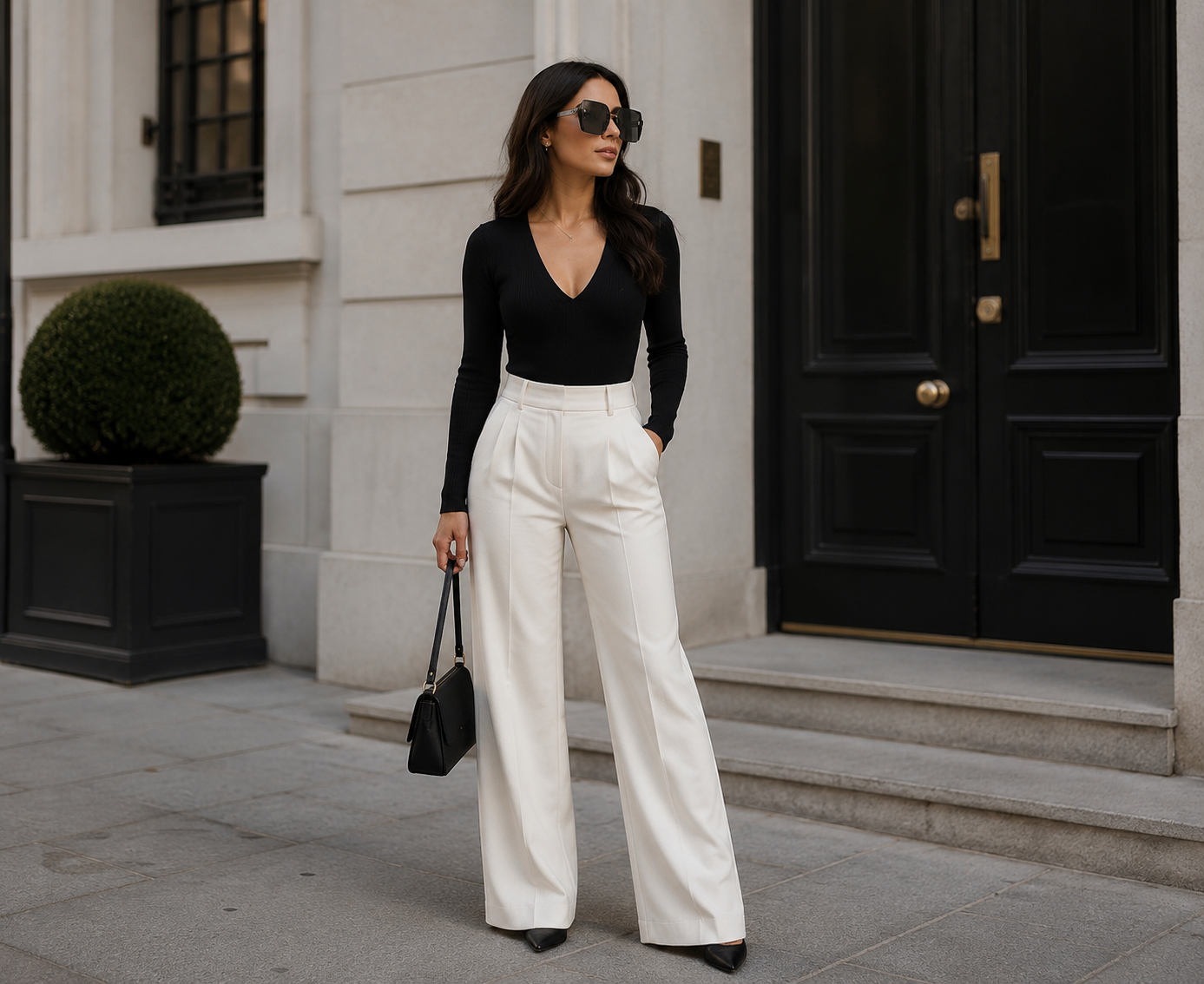 Woman in black top and white pants standing in front of a building entrance.