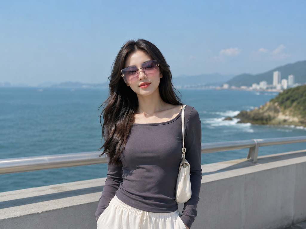 Woman standing by a coastal area with ocean and mountains in the background
