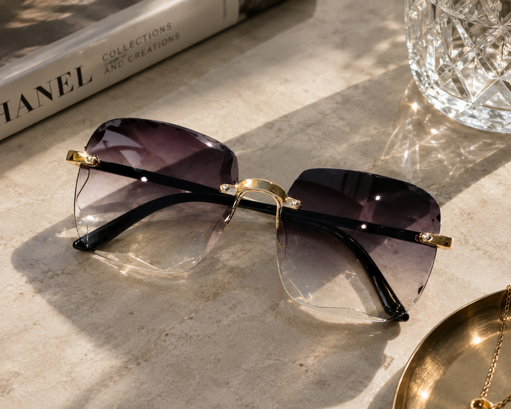 Sunglasses with gold frames and dark lenses on a marble surface with a Chanel book and crystal glass in the background.