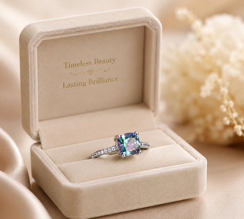 Ring with a colorful gemstone in a beige jewelry box with 'Timeless Beauty Lasting Brilliance' text.