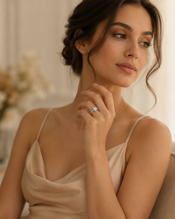 Woman wearing a ring in a softly lit room