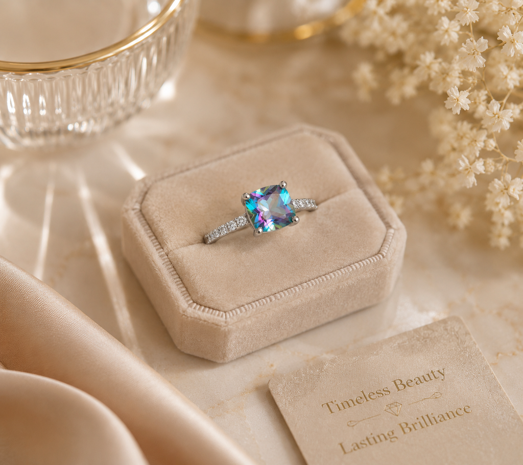 Ring with a colorful gemstone on a beige velvet box with decorative text card.