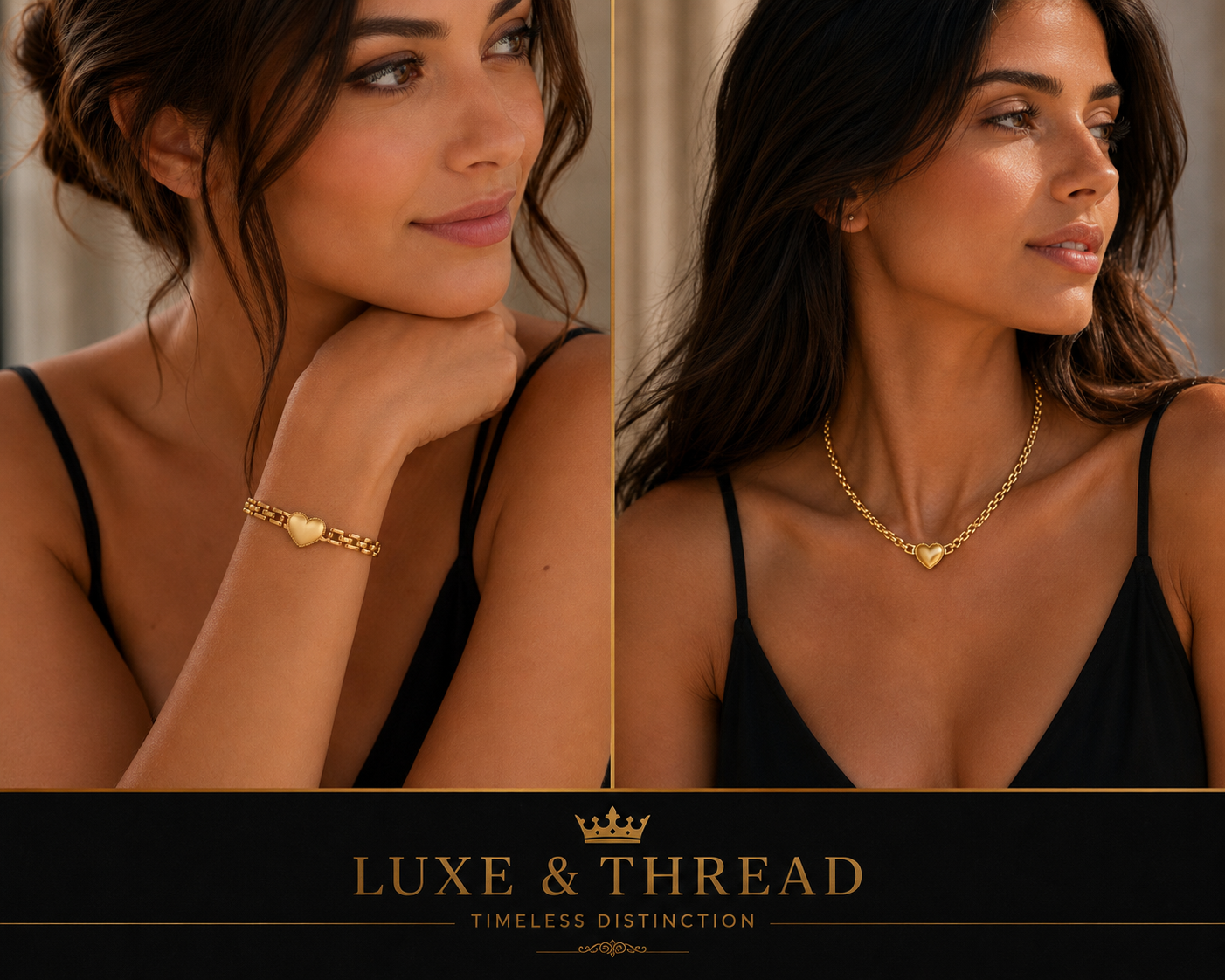 Woman wearing gold jewelry with 'Luxe & Thread' branding