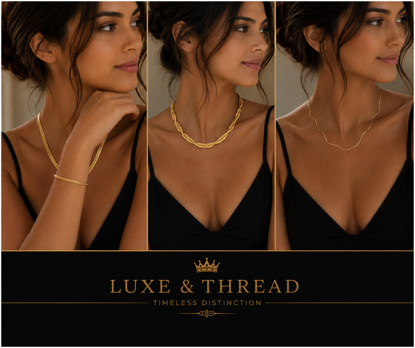 Woman wearing a gold necklace with close-up shots and Luxe & Thread branding.