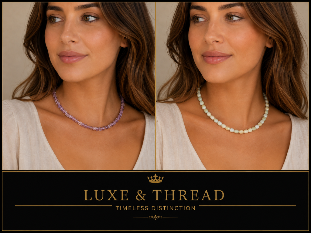 Two views of a woman wearing necklaces with 'Luxe & Thread' branding.