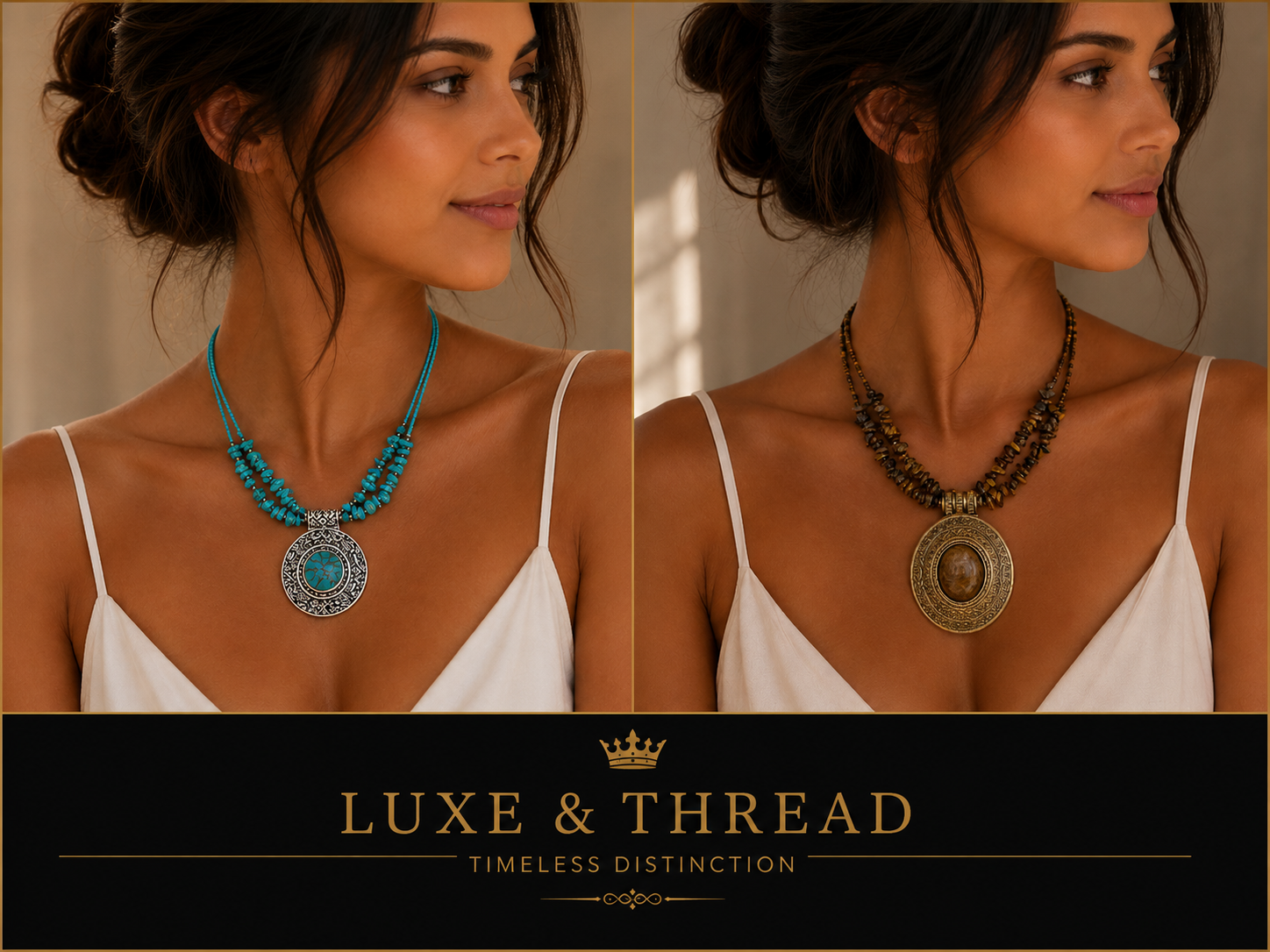 Two necklaces worn by a model with 'Luxe & Thread' branding.
