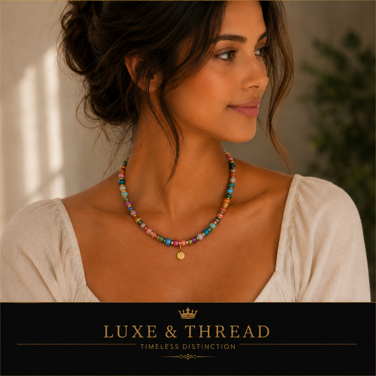 Woman wearing a colorful beaded necklace with 'Luxe & Thread' branding.