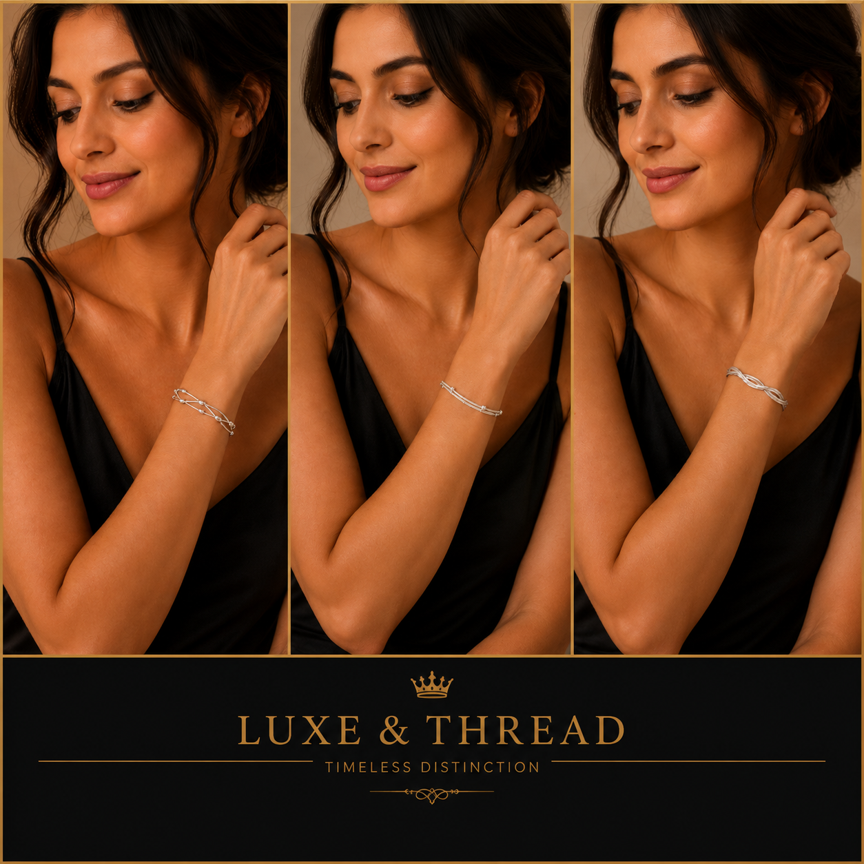 Woman wearing a bracelet with 'Luxe & Thread' branding at the bottom.