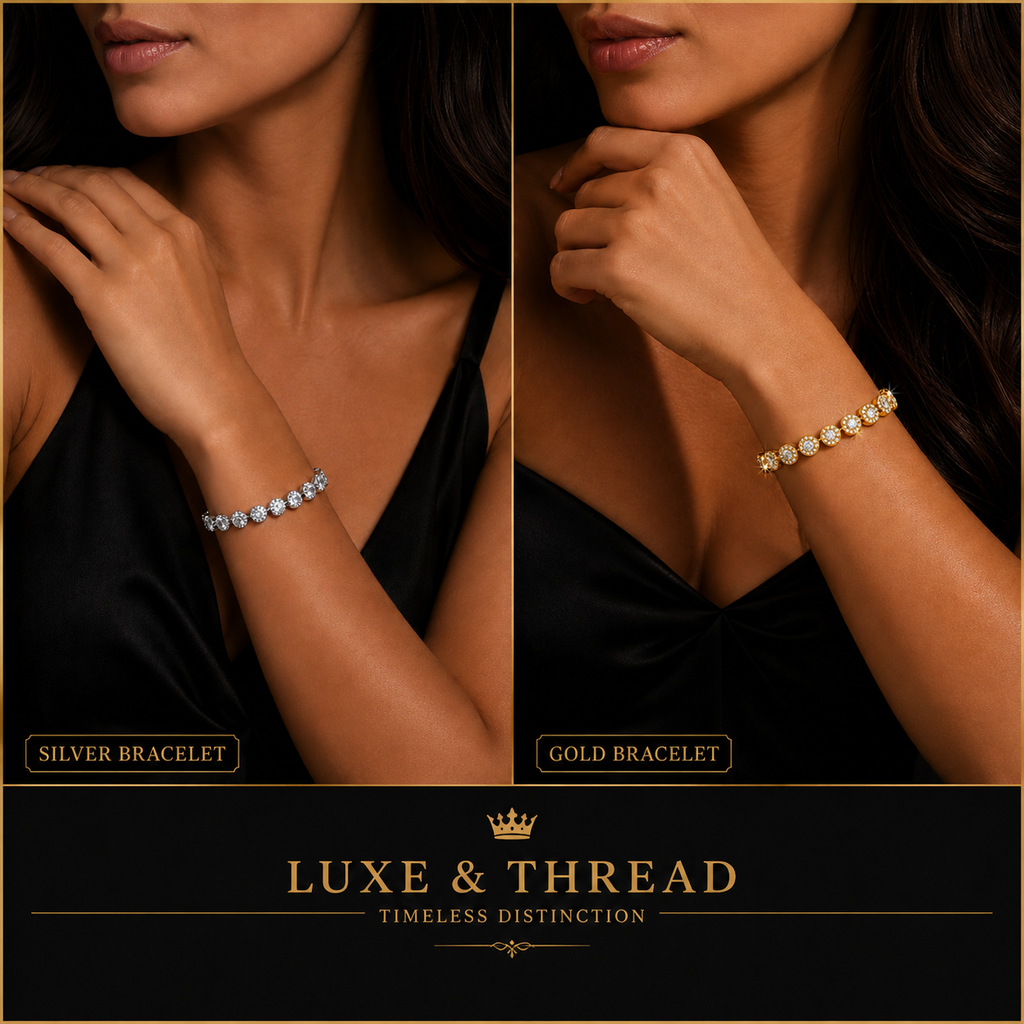 Two views of a woman wearing silver and gold bracelets with Luxe & Thread branding.