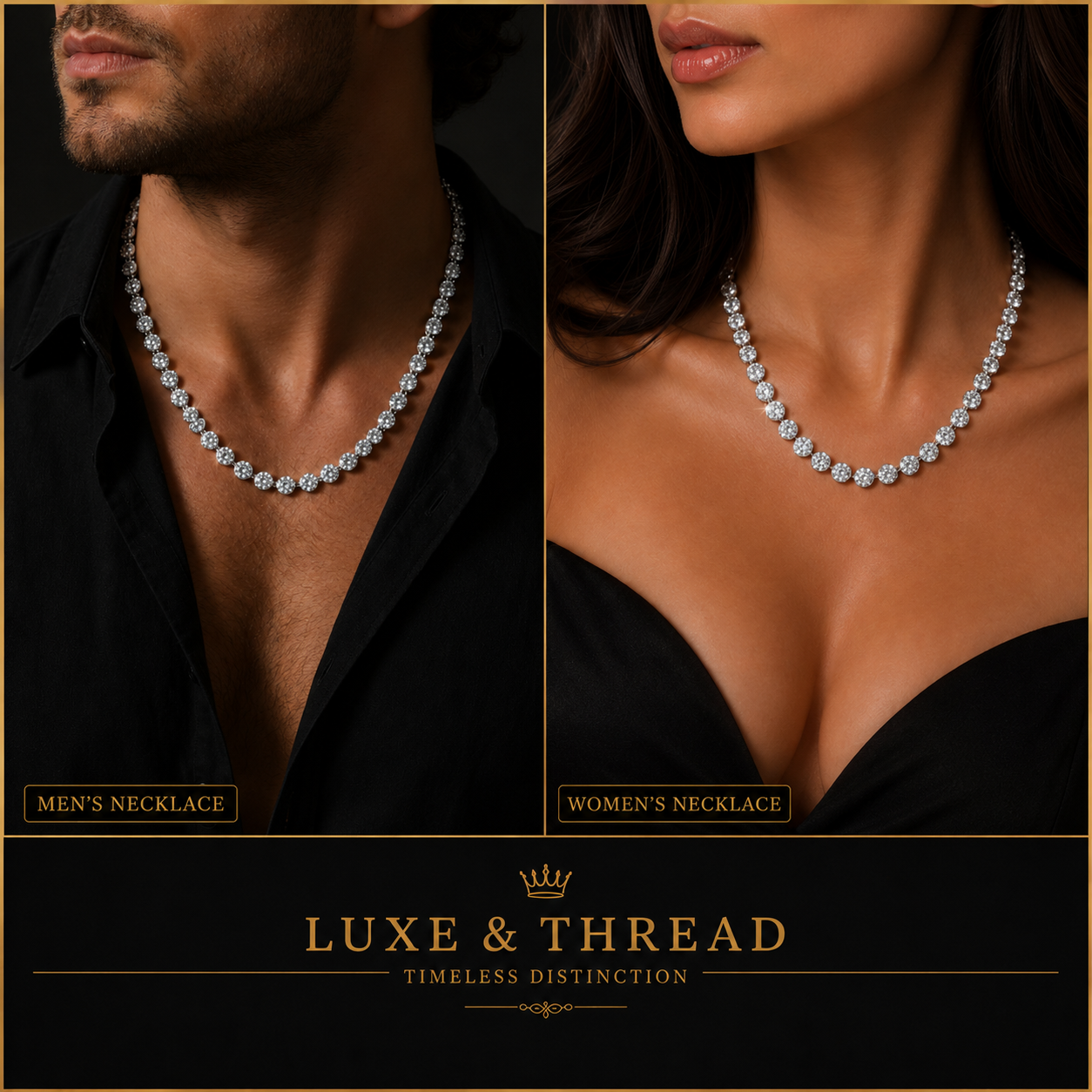 Two necklaces, one for men and one for women, displayed on models with 'Luxe & Thread' branding.