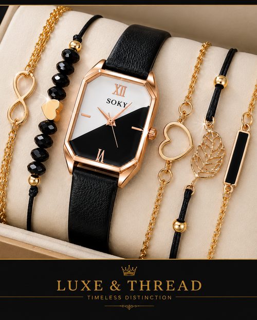Watch and bracelets set on a cushion with 'Luxe & Thread' branding.