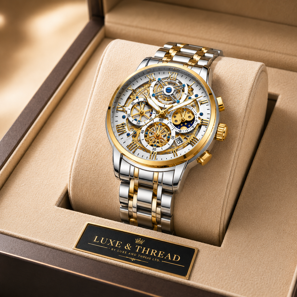 Luxury watch with gold and silver accents in a beige box, featuring the brand 'Luxe & Thread'.