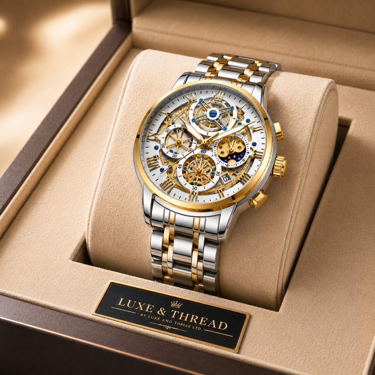 Luxury watch with gold and silver accents in a beige box, featuring the brand 'Luxe & Thread'.