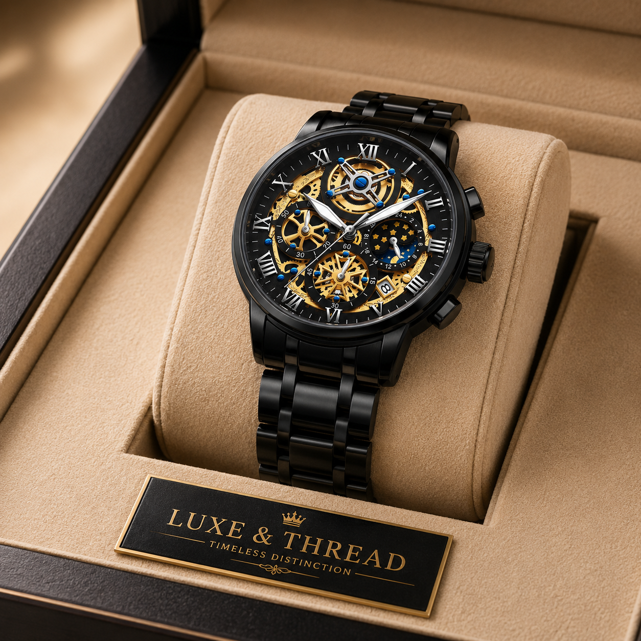 Luxury watch with black and gold details in a beige display case, branded 'Luxe & Thread'.