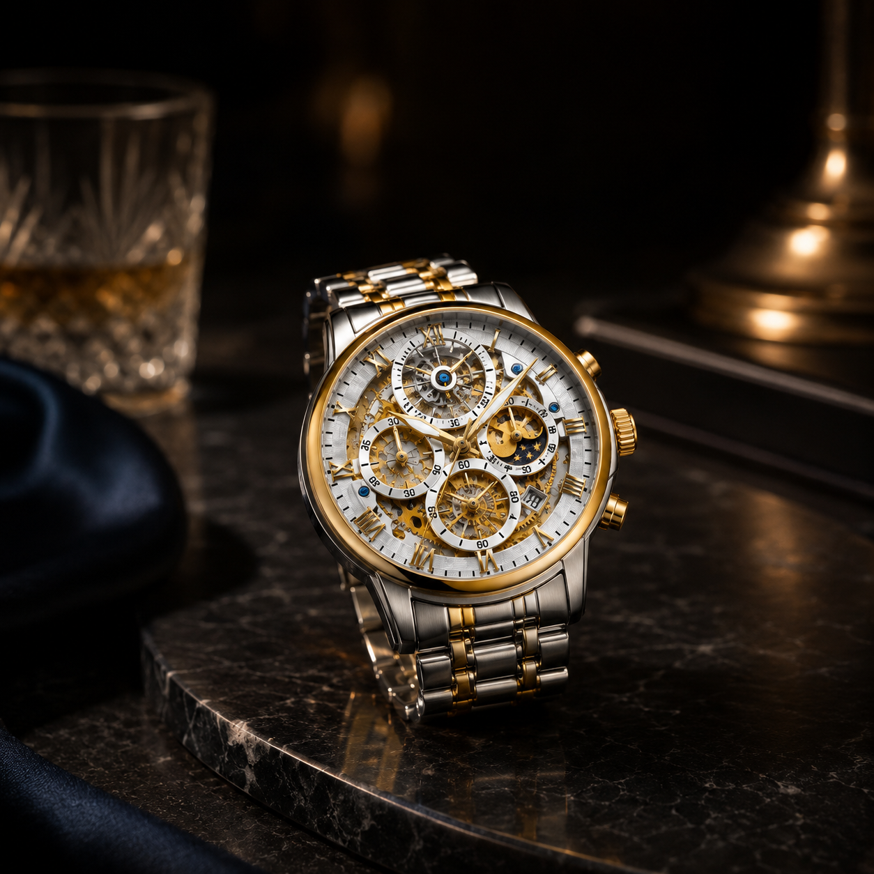 Men's Luxury Skeleton Moon Phase Quartz Watch