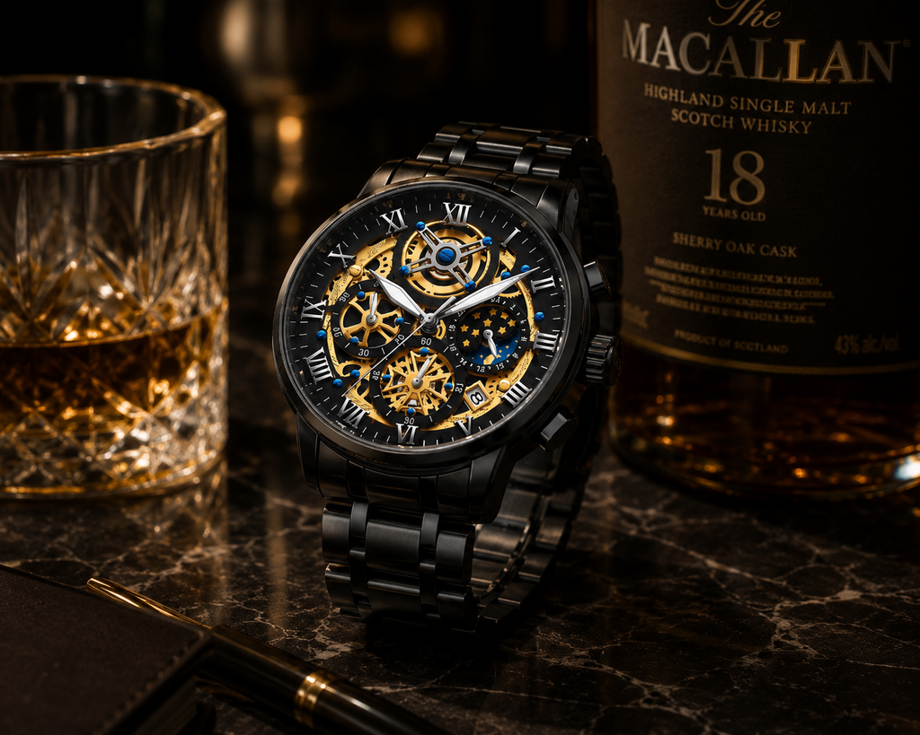 Men's Luxury Skeleton Moon Phase Quartz Watch