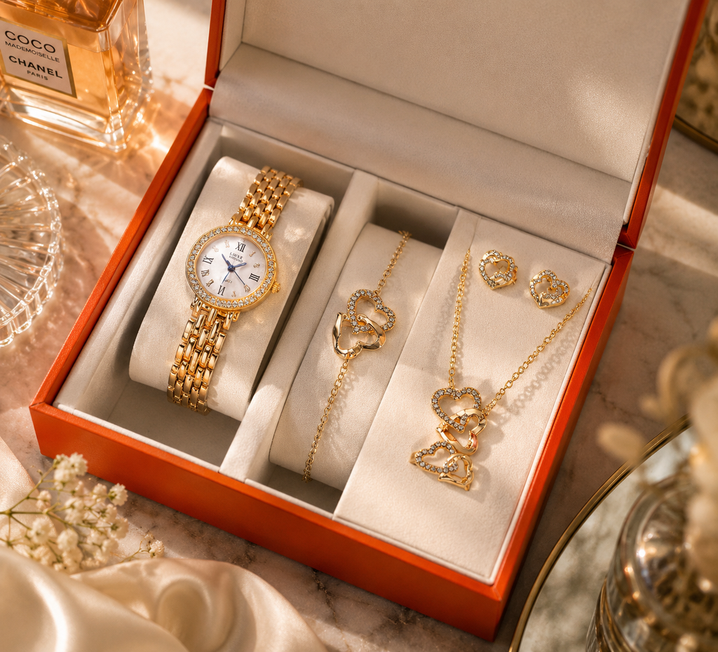Women's Rhinestone Clover Heart Watch & Jewelry Set