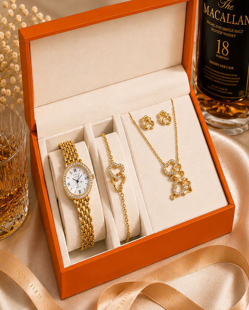 Jewelry set with watch, necklace, and earrings in a Luxe & Thread box.