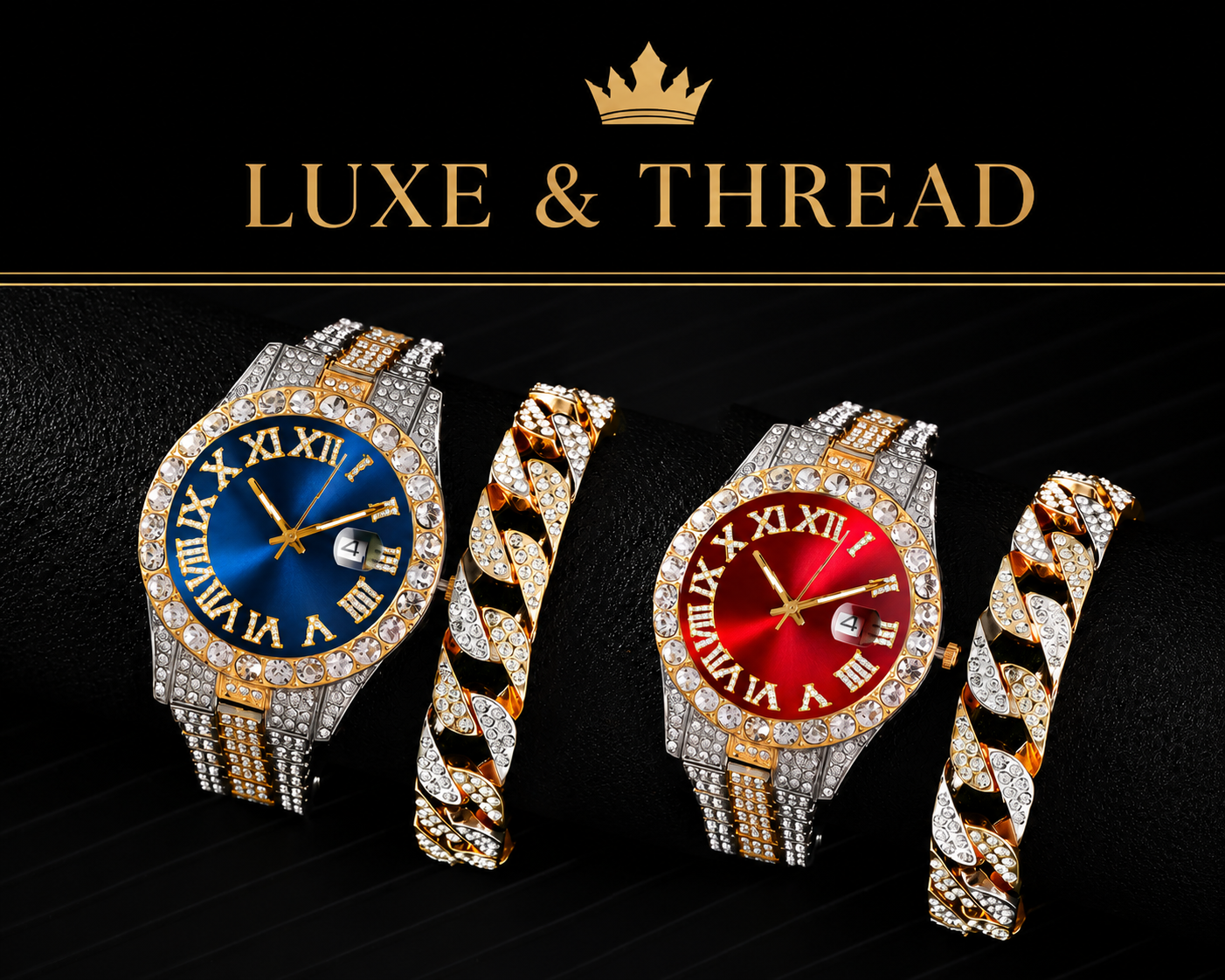 Men's Iced Out Hip Hop Watch & Bracelet Set