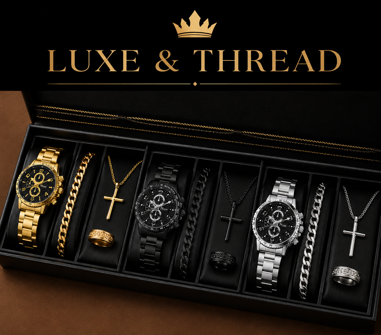 Men's Luxury Watch, Necklace, Bracelet & Ring Set