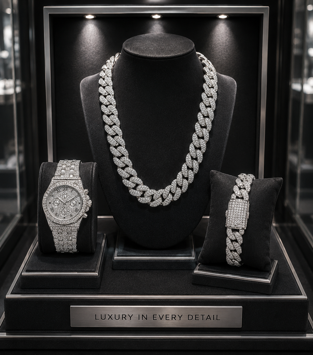 Iced Out Hip Hop Watch, Necklace & Bracelet Set