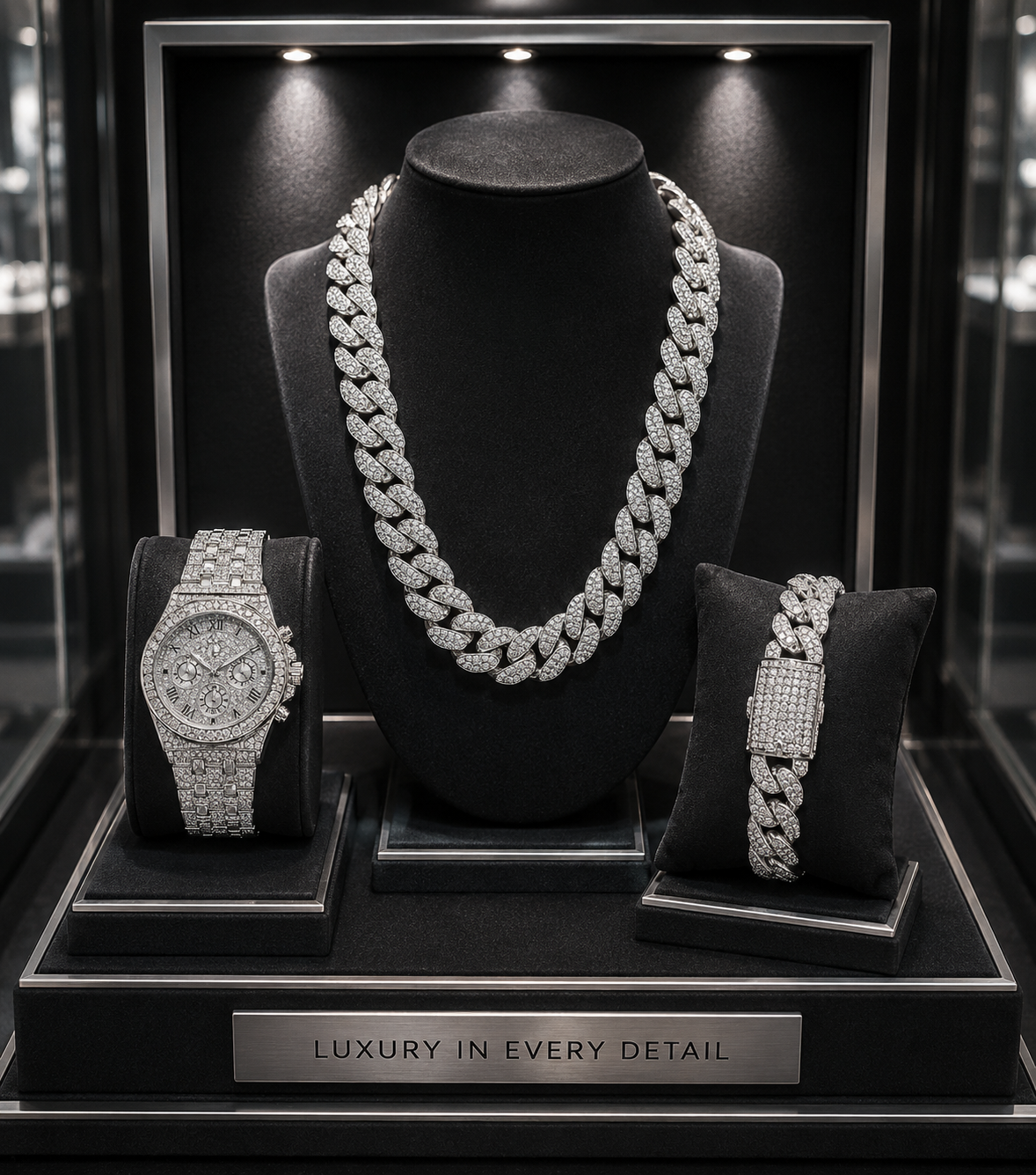 Iced Out Hip Hop Watch, Necklace & Bracelet Set