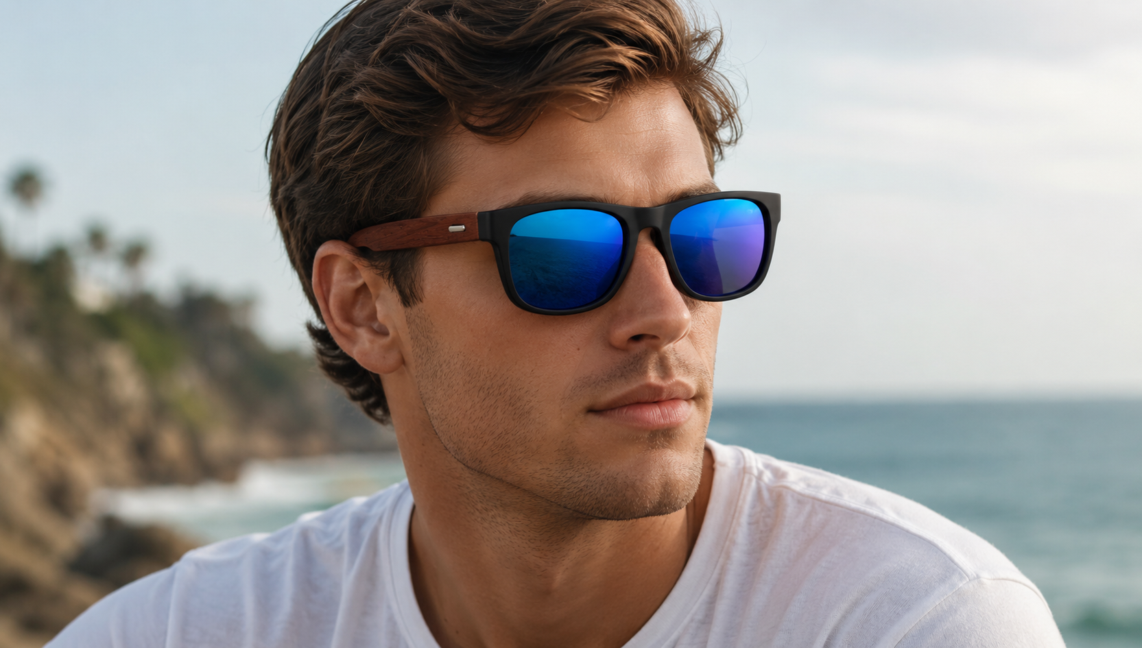Man wearing sunglasses with a coastal background