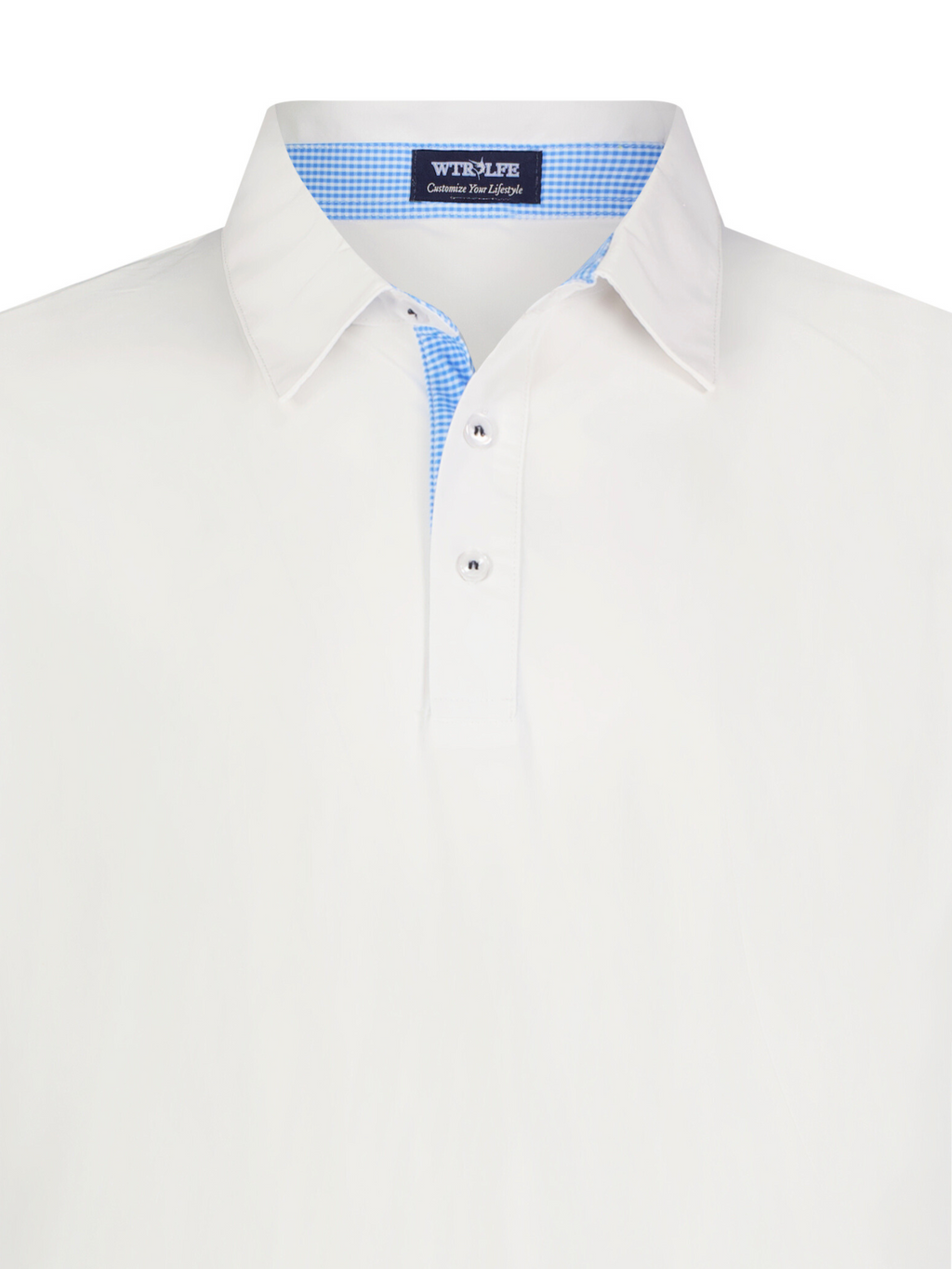 White dress shirt with a blue checkered inside collar on a white background