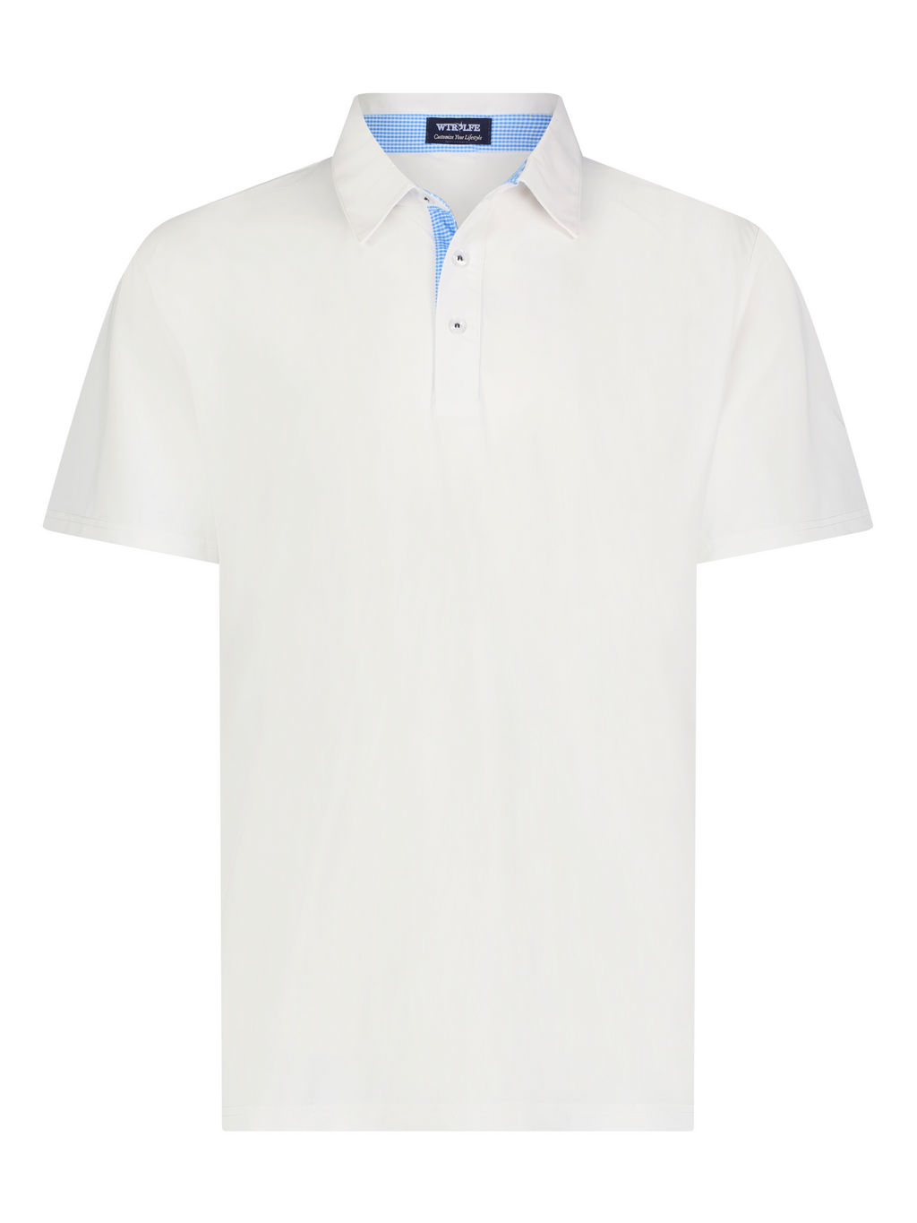 White polo shirt with a blue collar on a white background
