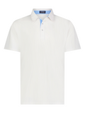 White polo shirt with a blue collar on a white background