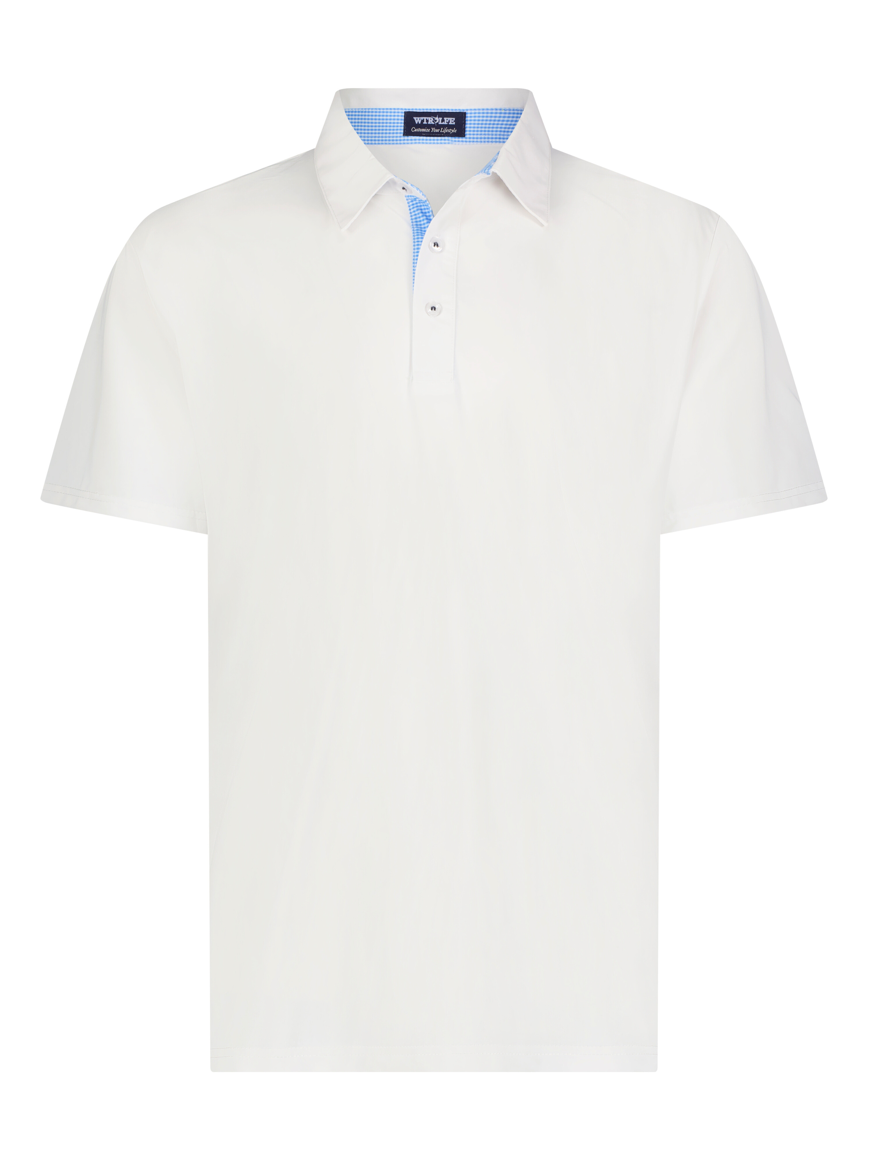 White polo shirt with a blue collar on a white background