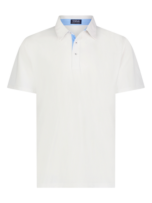 White polo shirt with a blue collar on a white background