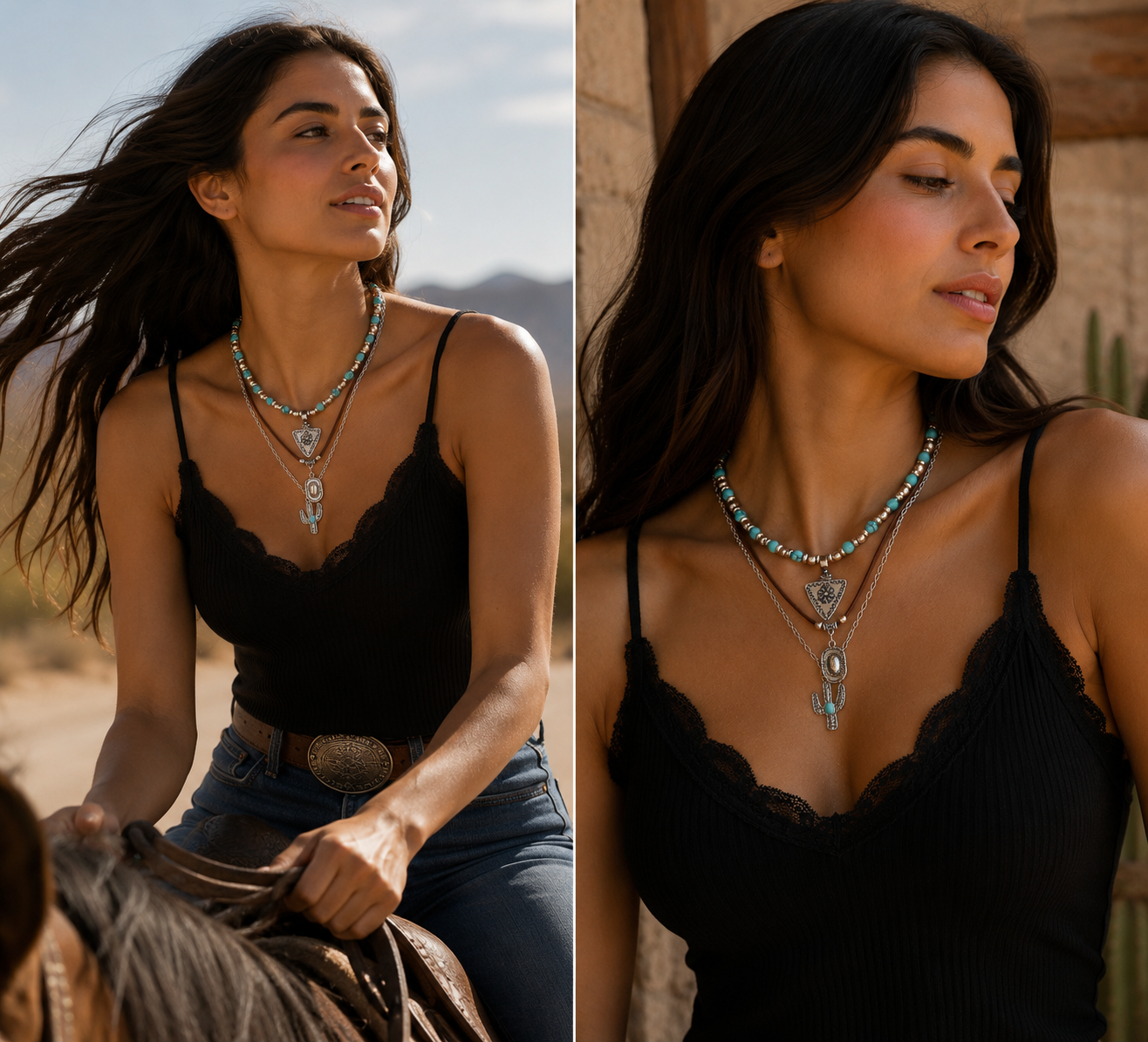 Woman wearing layered necklaces outdoors with desert landscape in the background