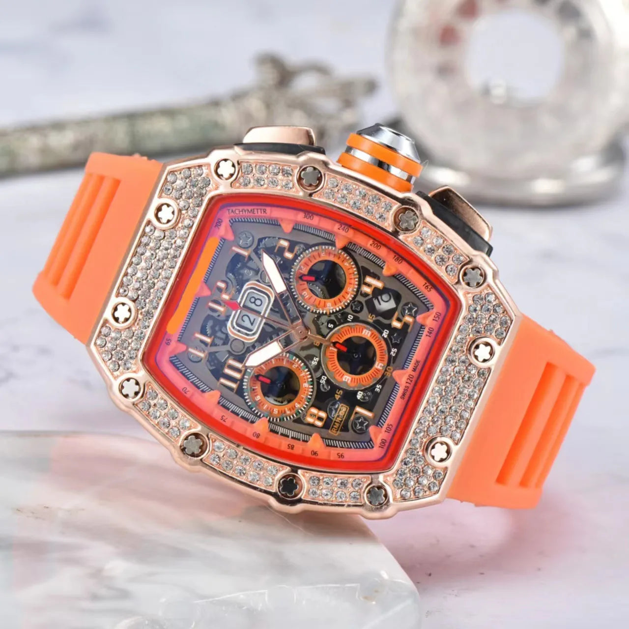 Men's Luxury Tonneau Skeleton Watch - Black Dial Rose Gold Case Black Strap
