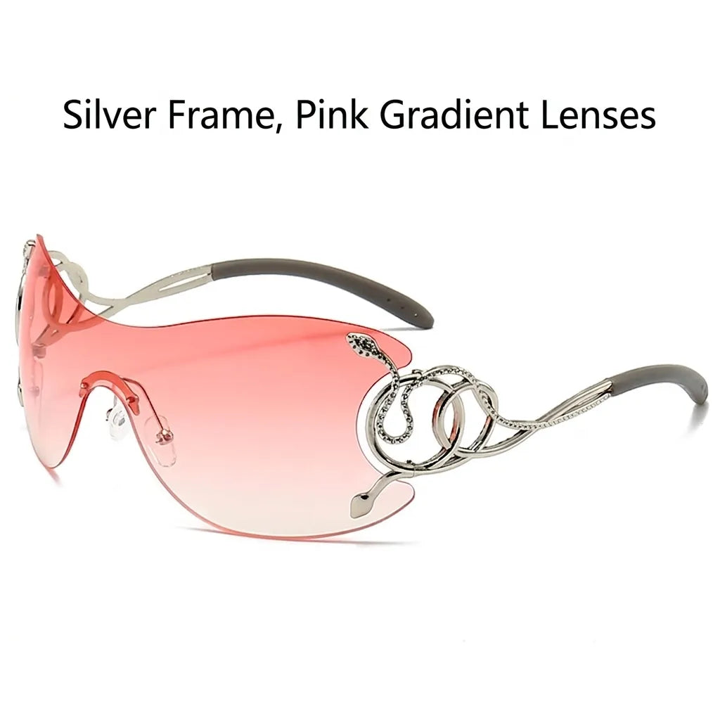 Sunglasses with silver frame and pink gradient lenses on a white background