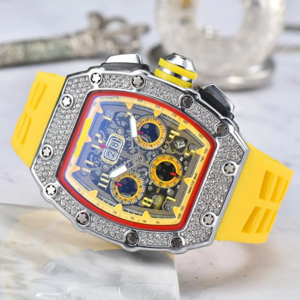 Men's Luxury Tonneau Skeleton Watch - Yellow Dial Silver Case Yellow Strap