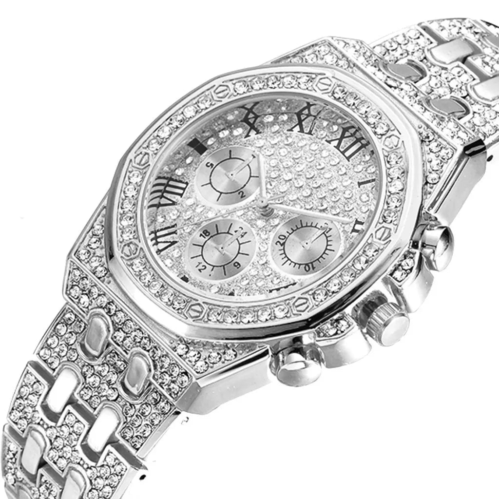 Iced Out Hip Hop Watch, Necklace & Bracelet Set