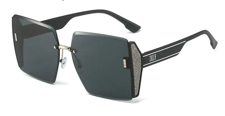Oversized Frameless Square Sunglasses - Metal Logo - Cream White Frame Grey Pink Lens