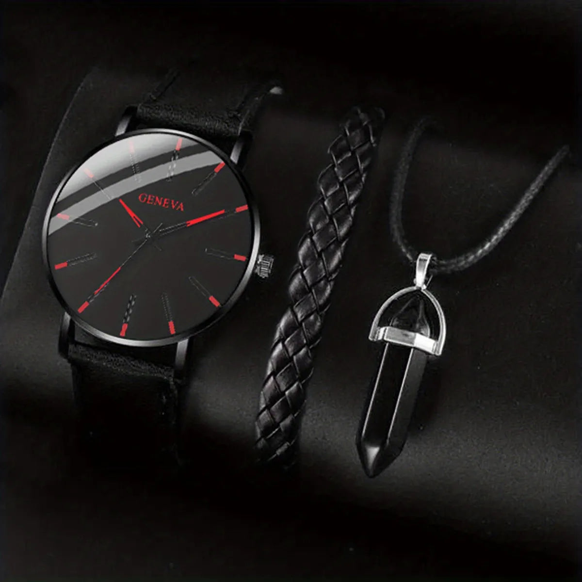 Men's Minimalist Watch, Bracelet & Necklace Set - Black and Red Set
