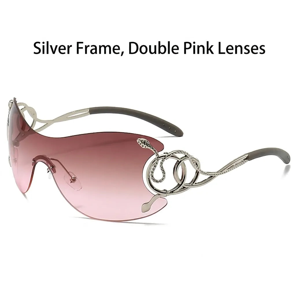 Sunglasses with silver frame and double pink lenses on a white background