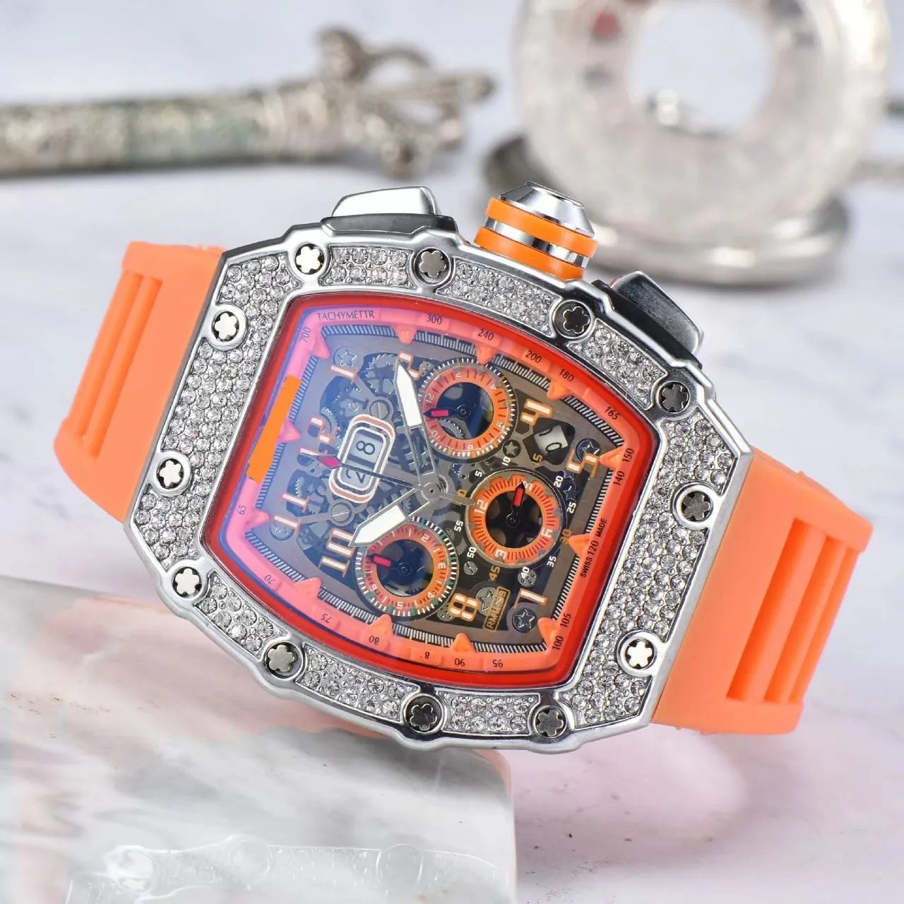 Men's Luxury Tonneau Skeleton Watch - Orange Dial Silver Case Orange Strap