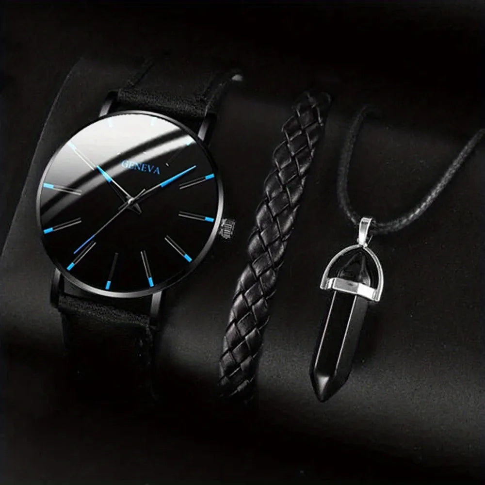 Men's Minimalist Watch, Bracelet & Necklace Set - Black Blue Set