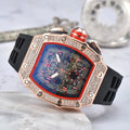 Men's Luxury Tonneau Skeleton Watch - Black Dial Rose Gold Case Red Strap