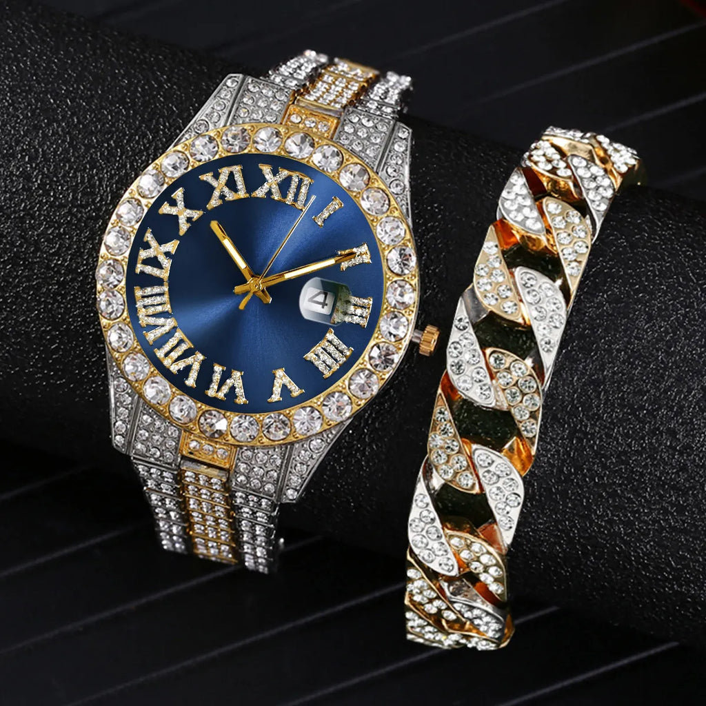 Men's Iced Out Hip Hop Watch & Bracelet Set
