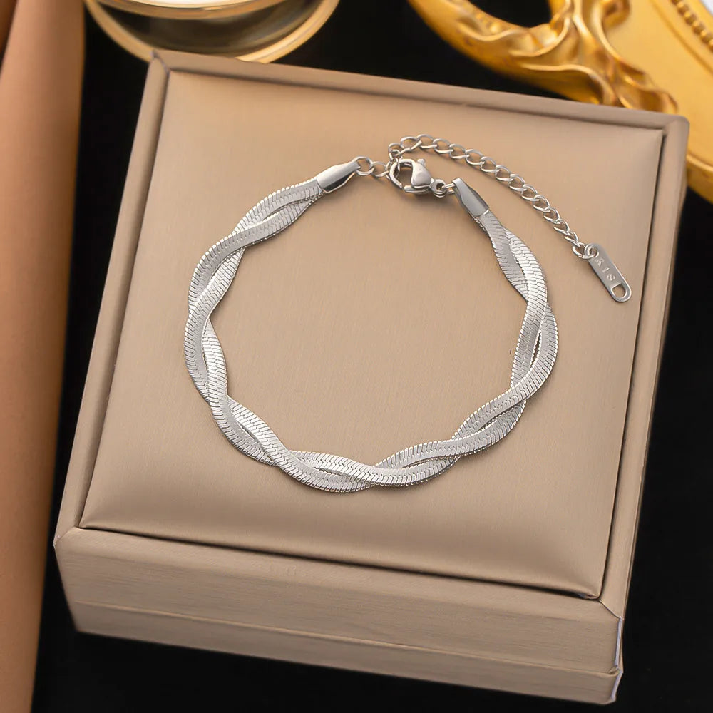 Women's Stainless Steel Minimalist Chain Bracelet - Oval Bead Snake Chain